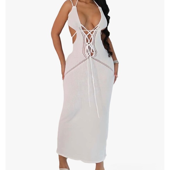 Unbranded Dresses & Skirts - White Knit Lace Up Front Cut Out Maxi Dress Sexy Beach Cover Up Sleeveless M